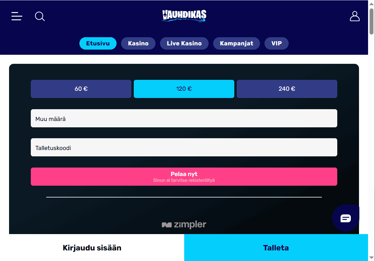 Vauhdikas kasino - minimitalletus 10e